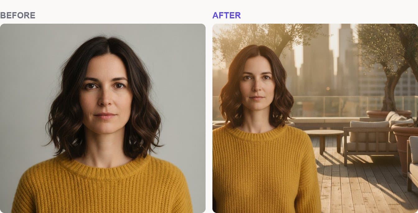 A studio portrait labelled before, next to the merged rooftop version labelled after, with an even gutter between them