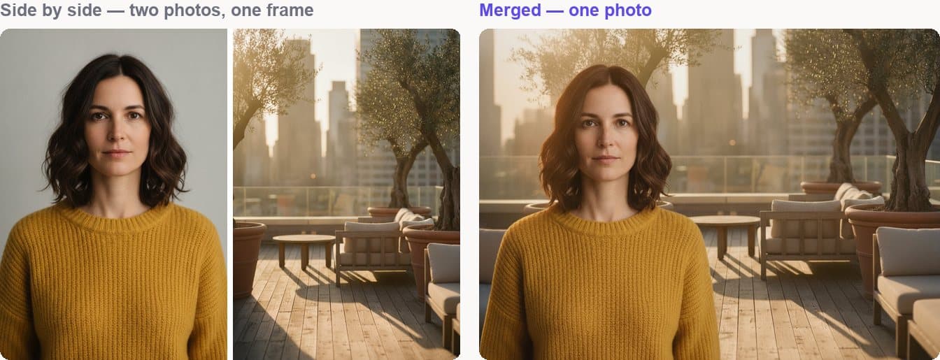 The two source photos shown side by side in one frame, next to the single merged photograph made from them