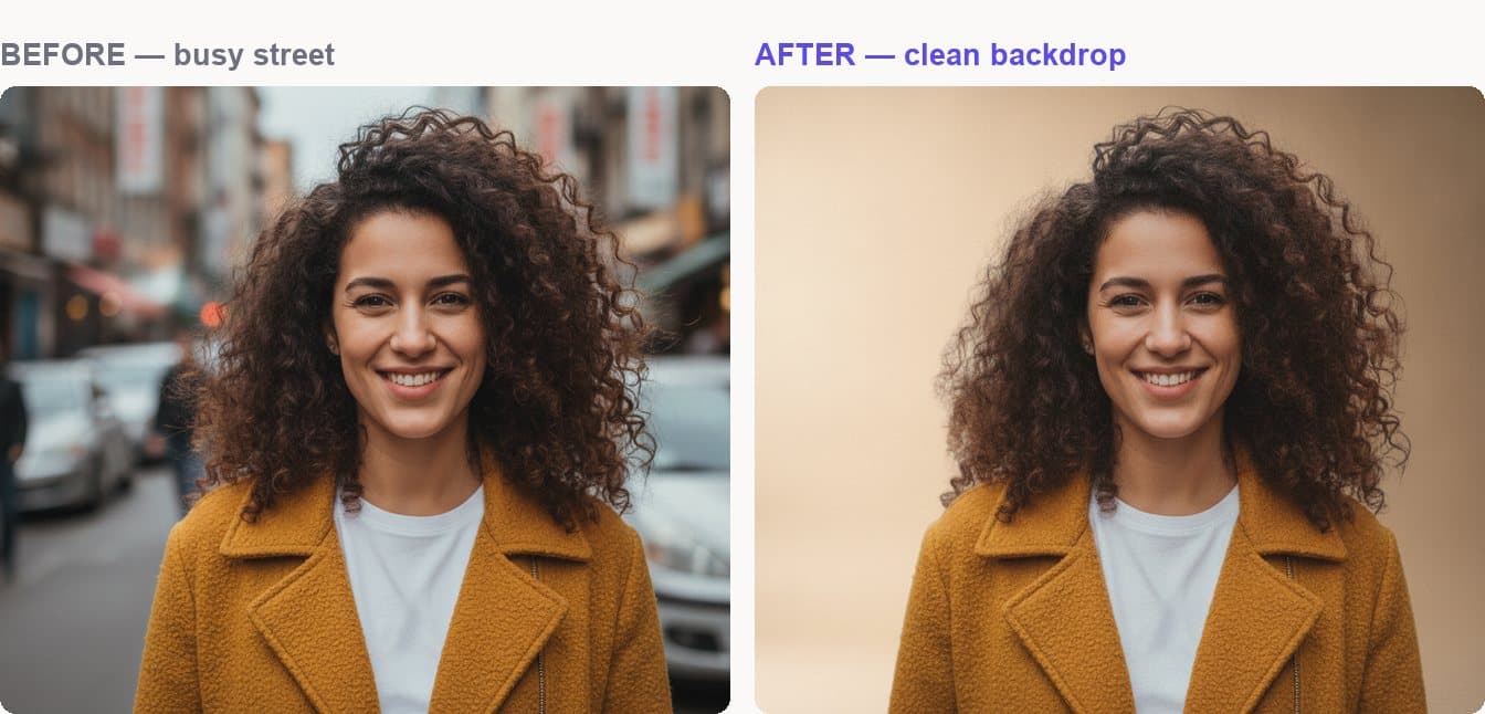 A woman with voluminous curly hair photographed on a cluttered street, and the same photo with a clean studio backdrop behind her