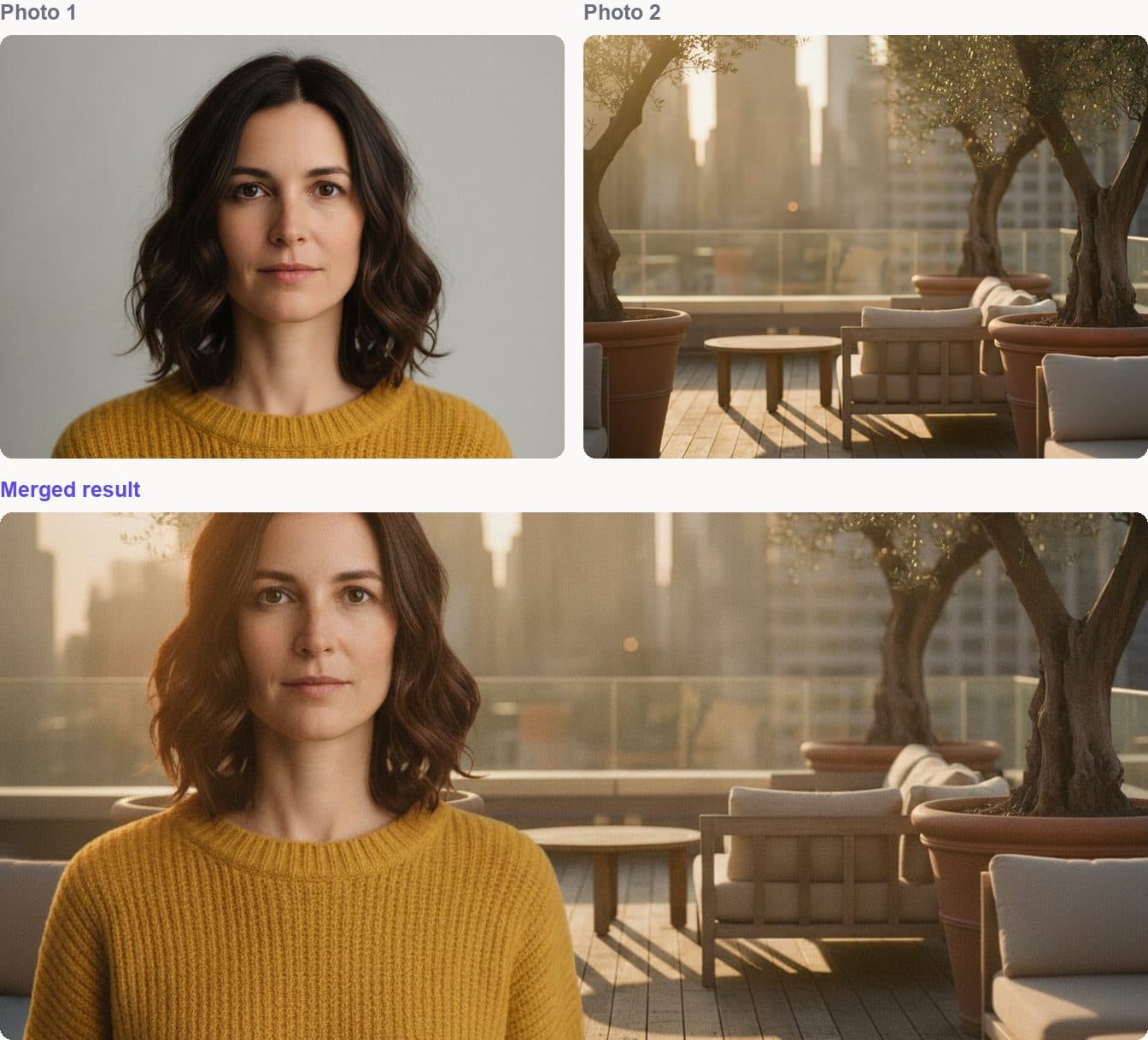 A studio portrait and a rooftop terrace above the single merged photo produced from them