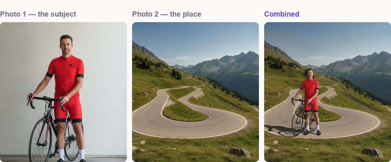 A cyclist photographed against a plain wall, an empty mountain road, and the single photograph made by combining them