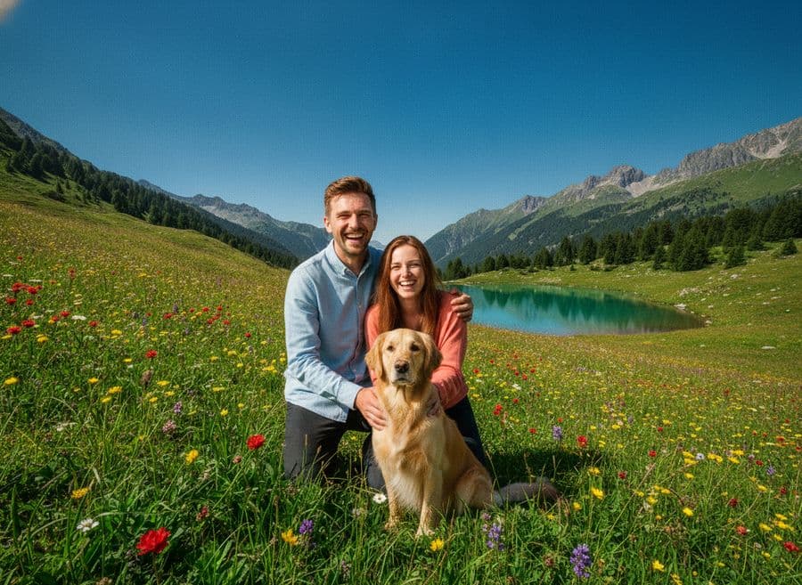 A laughing couple and their golden retriever in a sunny alpine meadow under a clear blue sky, combined from four separate photographs