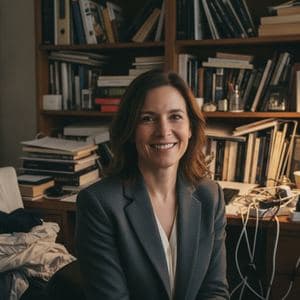 A woman in a blazer in a cluttered home office
