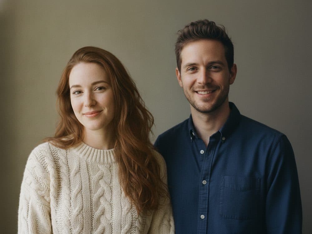 A woman and a man standing together in one portrait, merged from two separate photographs
