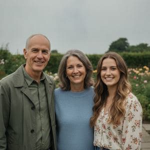 Three adults together in a garden