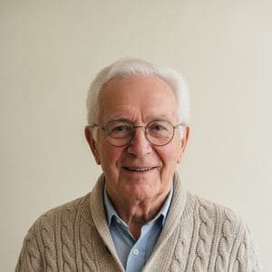 Portrait of an older man in a beige cardigan