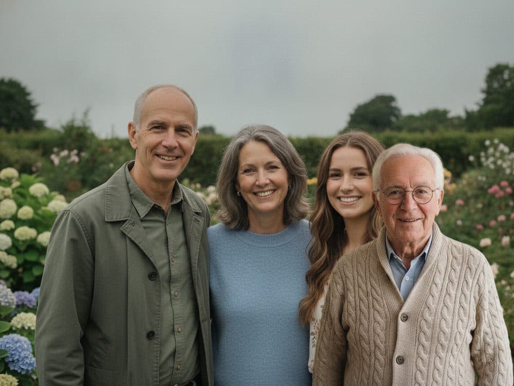 A family of four in a garden, with an older relative added from a separate portrait