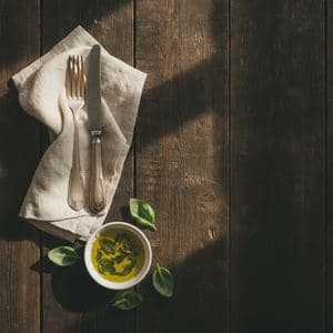 A styled wooden table shot from above