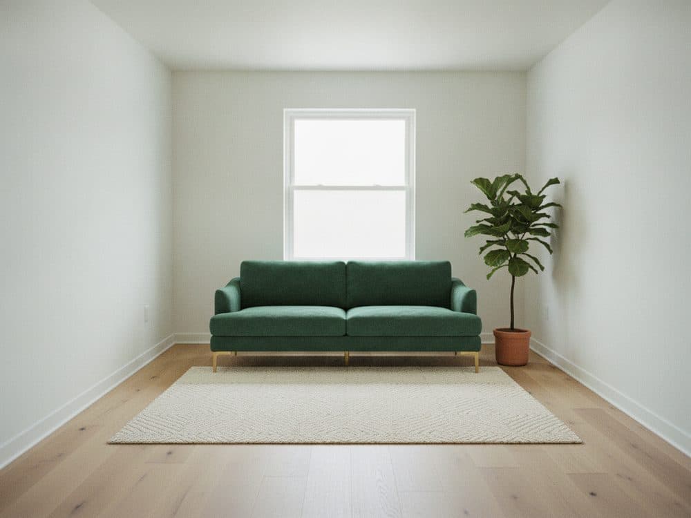 An empty living room shown furnished with a green velvet sofa, rug and plant