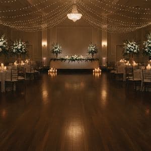 A celebration venue decorated with string lights