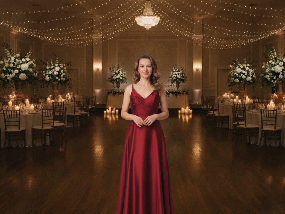 A woman in a red evening dress standing in a venue decorated with string lights and flowers