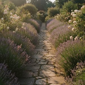 A sunlit cottage garden path with lavender