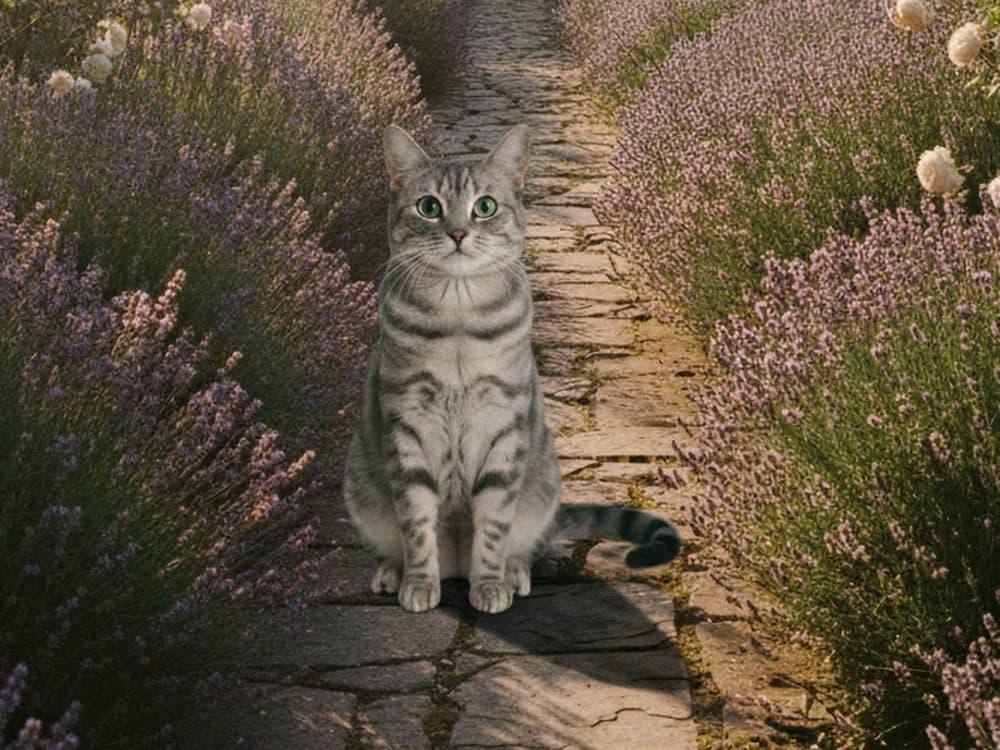 A grey tabby cat sitting on a sunlit garden path lined with lavender