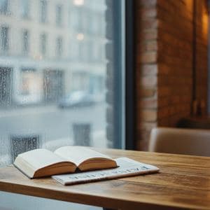 A cafe table by a rainy window