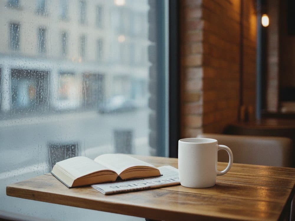 A white ceramic mug standing on a wooden cafe table by a rain-streaked window