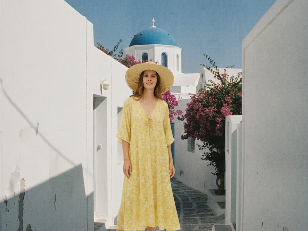 A woman in a yellow dress standing in a whitewashed Greek village street