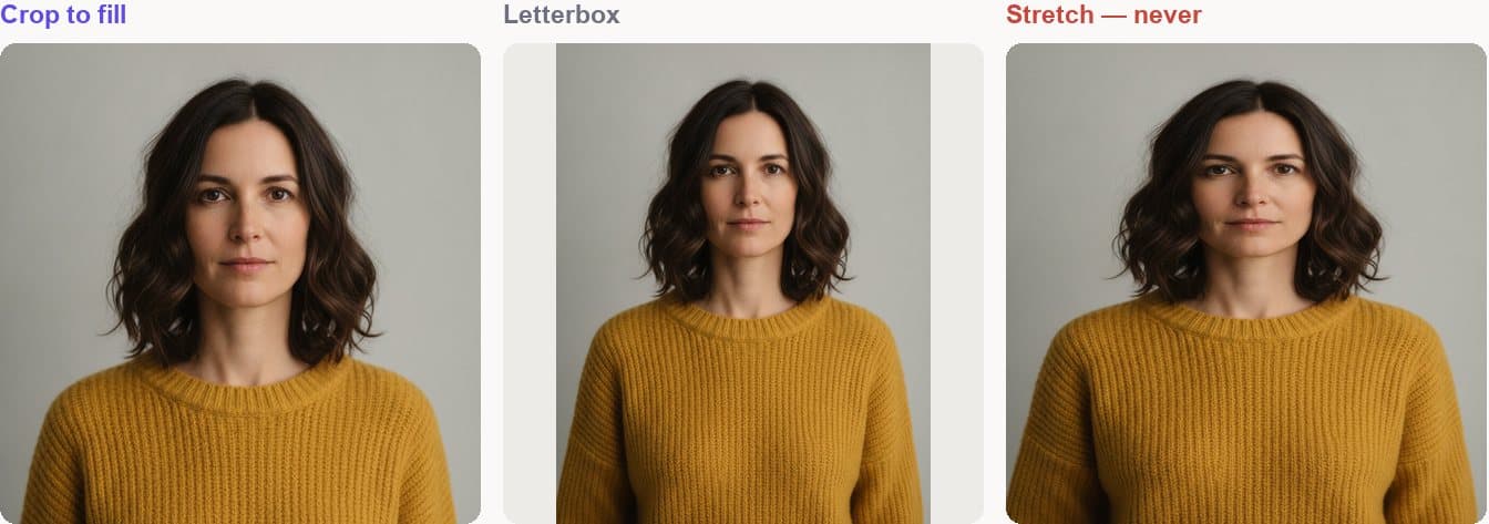 Three ways to fit a portrait photo into a square frame: cropped to fill, letterboxed with side bands, and stretched so the face is distorted