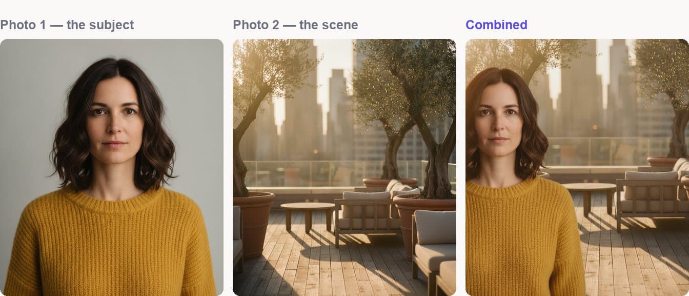 A studio portrait, a rooftop terrace, and the single combined photograph made from the two